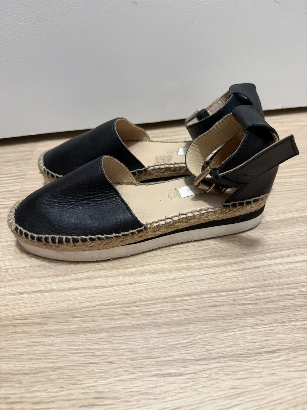 See By Chloe Black Leather Espadrille Sandals with Ankle Strap